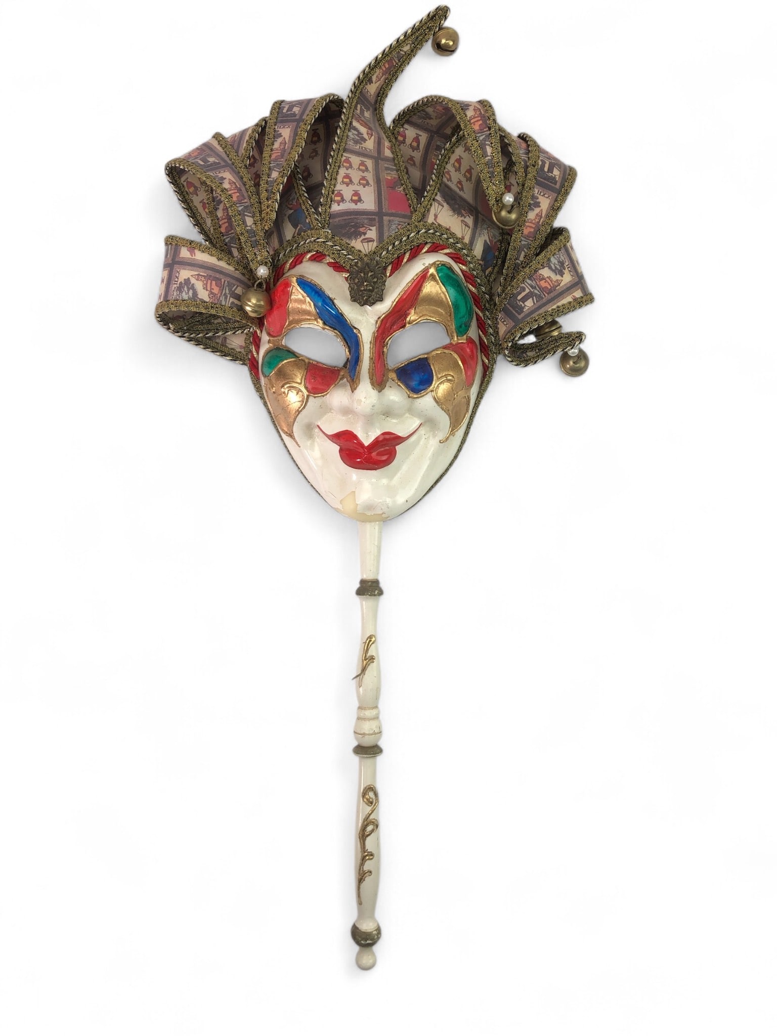 Handpainted Italian Masquerade Mask: Handpainted Italian masquerade mask with vibrant colors and gold detailing, featuring a long 12 3/4-inch wooden rod. Made in Italy with stamp on the back. Some wear is visible, including a marked area