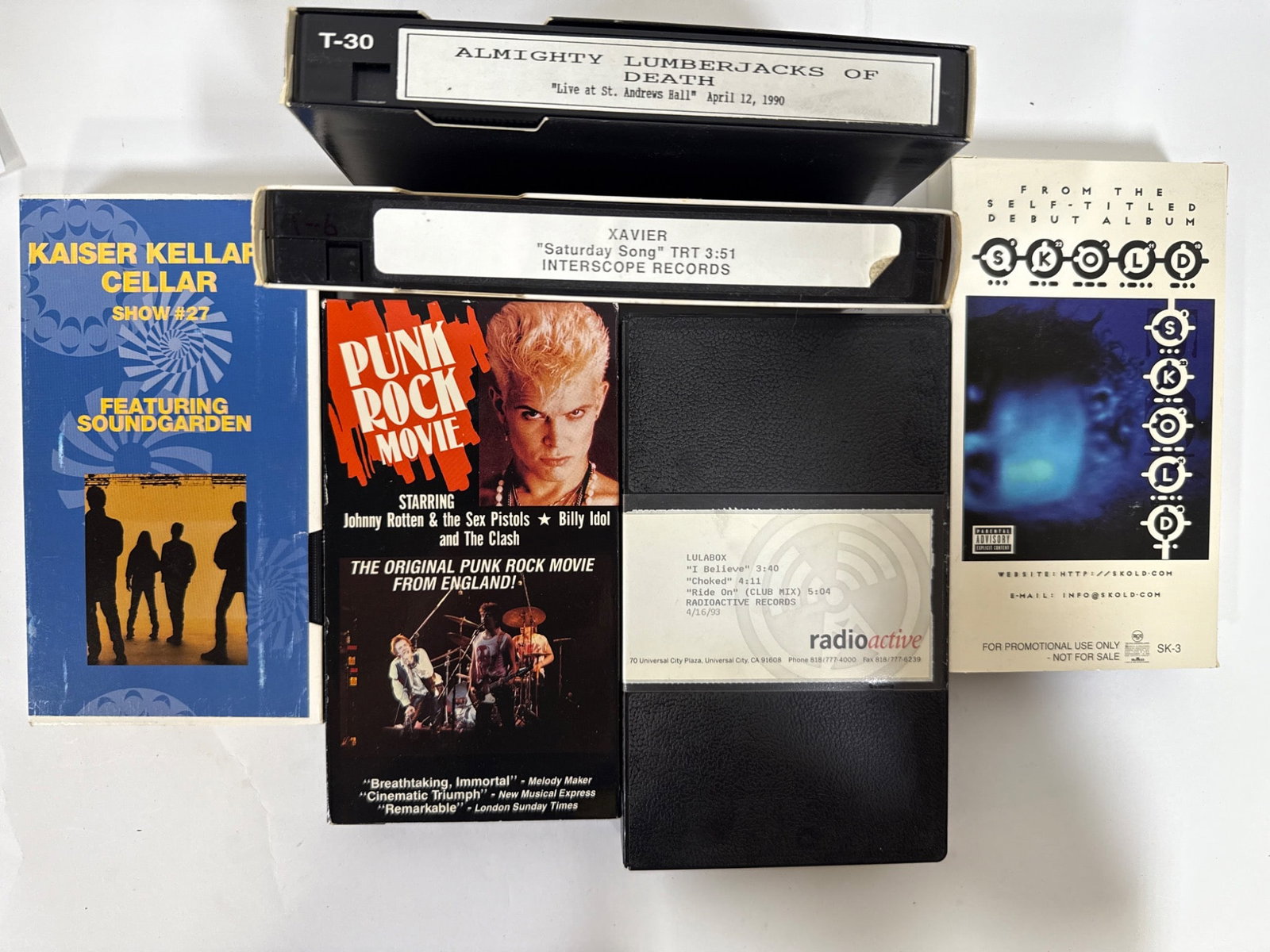 VHS Promotional And Concert Tapes: Six VHS tapes, including promotional and concert recordings. Featured titles are Kaiser Kellar's Cellar with Soundgarden, Punk Rock Movie, ALD Live at St. Andrew's Hall, Xavier's Saturday Song, Skold 