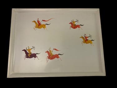 Vtg Hand-Painted Stylized Horsemen Tray