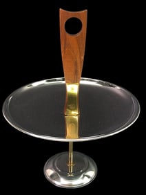 MCM Chrome And Teak Wood Serving Tray