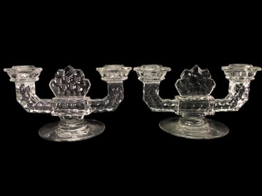 1940s Fostoria Crystal Flame Candlestick Pair
