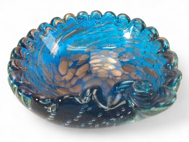 Vtg Murano Blue & Gold Glass Bowl
