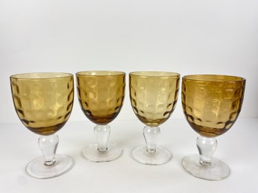 4 Mid-Century Thumbprint Optic Amber Goblets