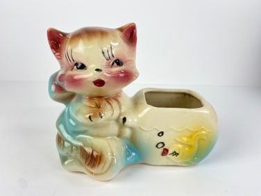 MCM American Bisque Co. Cat & Fishbowl Planter