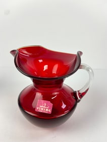 MCM Viking Glass Ruby Red Pitcher W Clear Handle