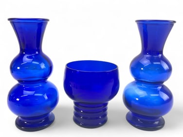 Vtg Cobalt Blue Double Bubble Vases And Compote