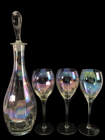 Opalescent Glass Decanter With Stopper And Glasses