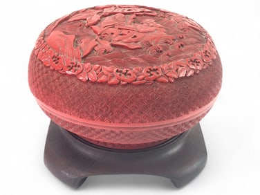 Chinese Red Lacquerware Carved Round Box