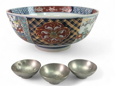 A Japanese Imari Porcelain Bowl with Arita Mark and Three Pewter Sake Cups