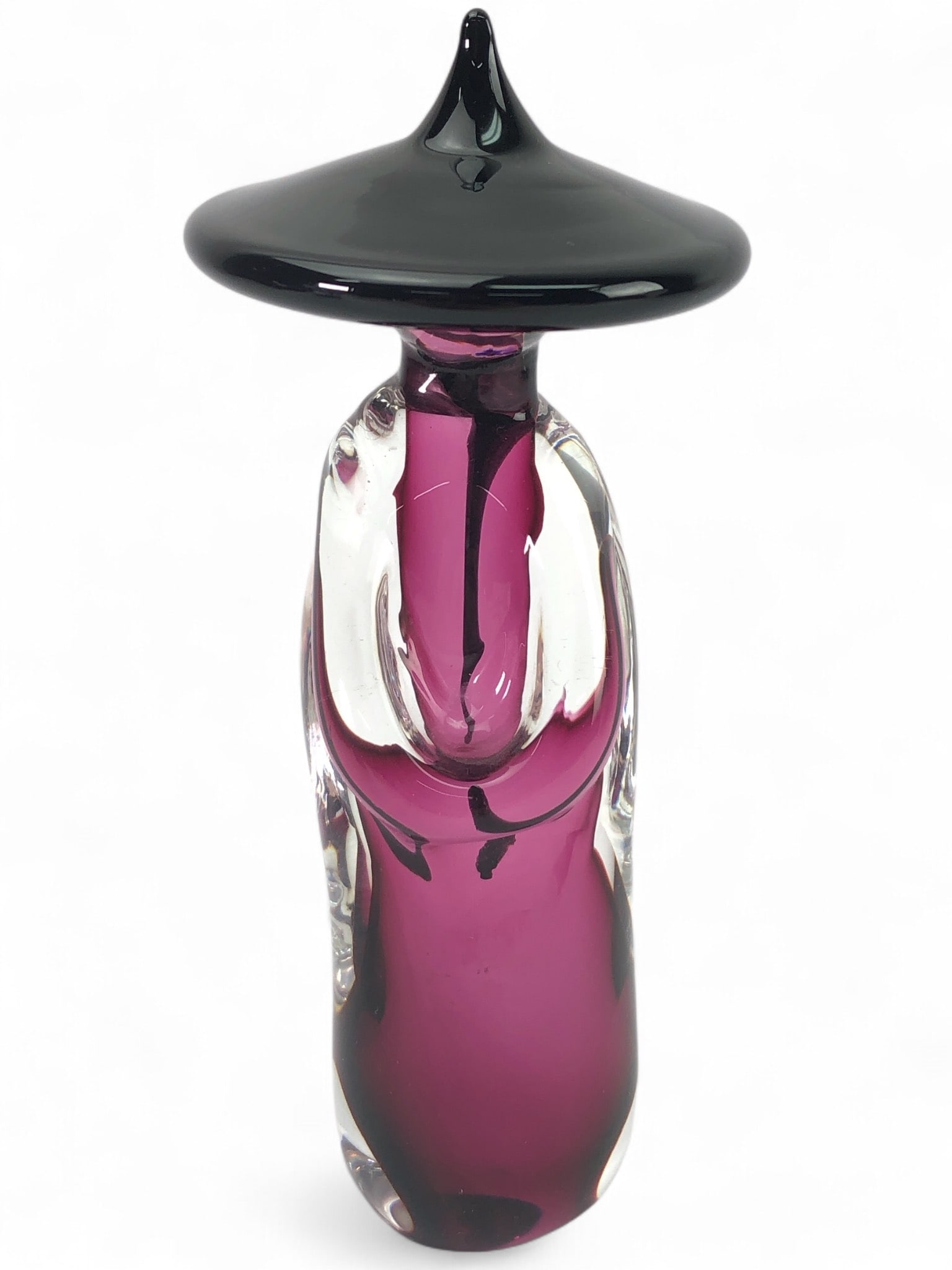 Murano Formia Asian Style Art Glass: Murano Formia Asian style art glass figurine featuring a clear and purple body with a black hat. Measures 6 3/4 inches tall. Distinctive design with notable craftsmanship.