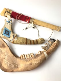 Carved And Painted Jaw Bone Clubs In Native Style