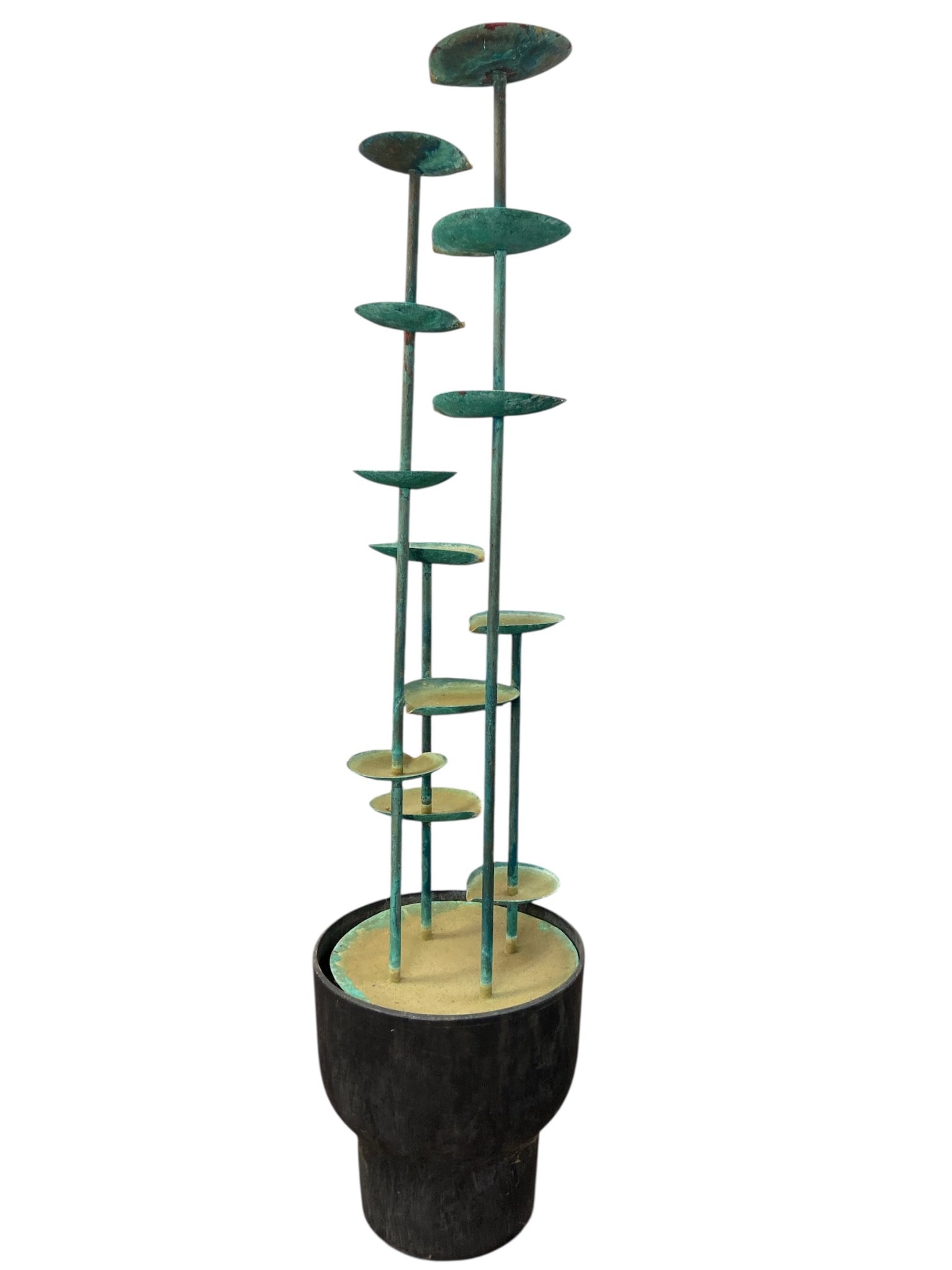 Silas Seandel Style Modernist Copper Fountain: Mid-century modern metal fountain sculpture with oxidized patina and tiered circular elements in a black basin. Includes plumbing for fountain functionality. Signs of wear on the basin. Untested. 5’