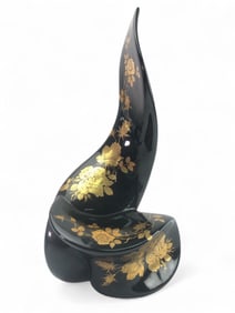 Black Ceramic Sculpture With Gold Floral Design