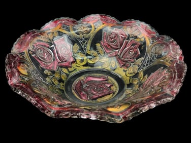 A Goofus Glass Bowl with Red and Gold Rose Design