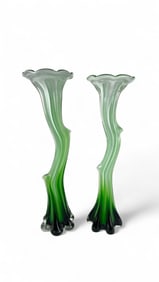 A Matched Pair of Murano Style Green Art Glass ‘Jack in the Pulpit’ Vases