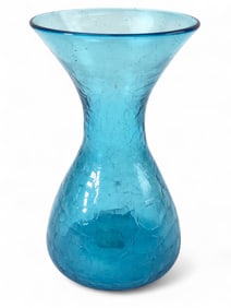 Vtg Blenko Turquoise Crackle Glass Sheaf Vase