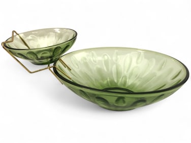 Vtg Hazelware 3pc Avocado Glass Chip & Dip Set