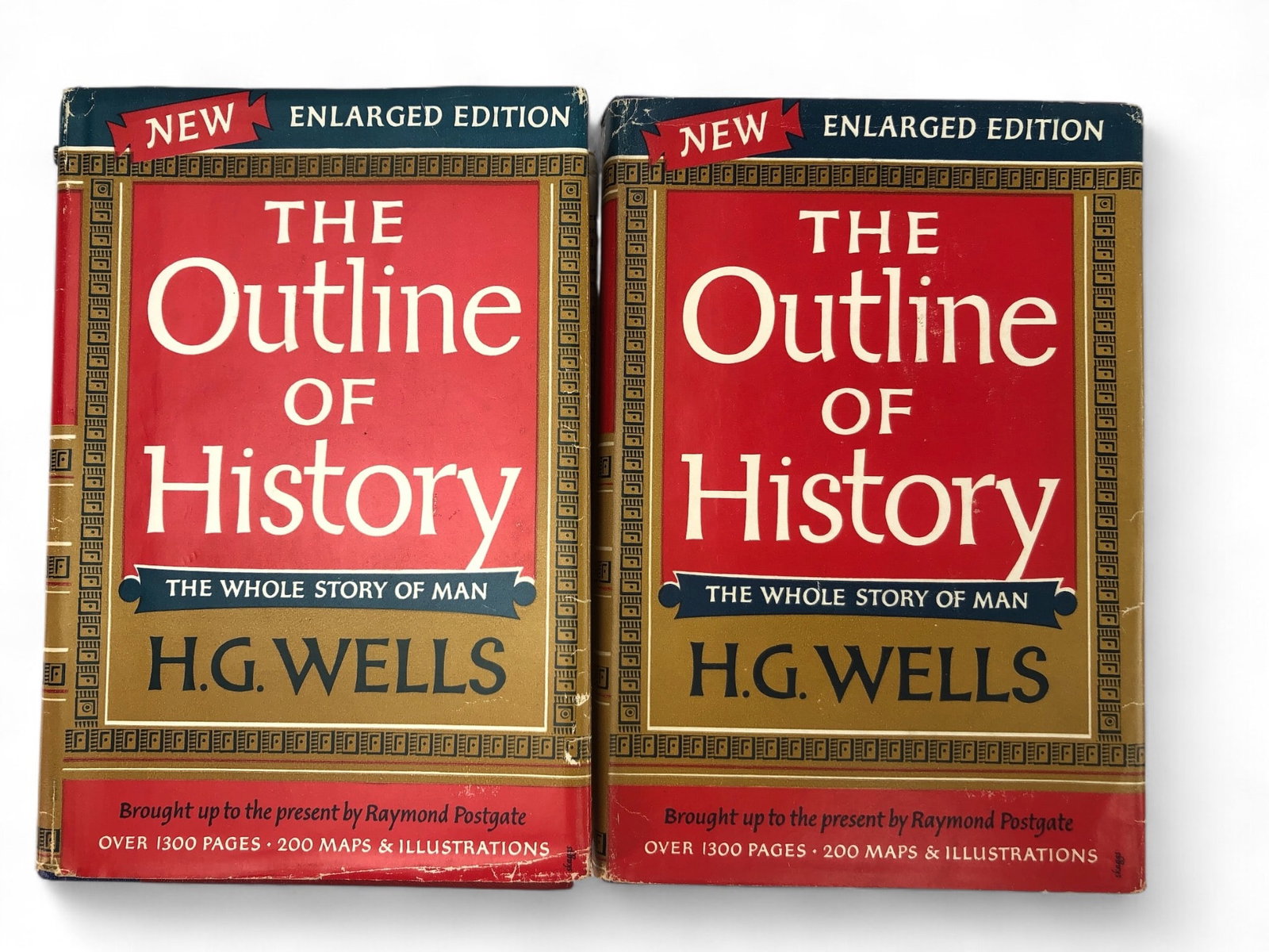 The Outline Of History By H.G. Wells 1949: 1949 new and enlarged book club edition of The Outline of History volumes I & II by H.G. Wells. Published by Garden City Books and revised by Raymond Postgate with maps and plans by J.F. Horrabin. Har