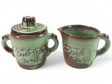 Frankoma Mayan Aztec Prairie Green Creamer & Sugar Bowl