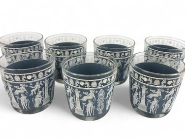MCM Jeannette Glass Corinthian Blue Greco-Roman Rocks Glasses