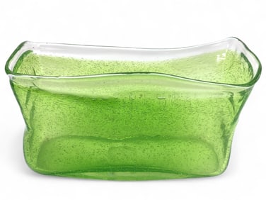 Amici Hand Blown Green Bubble Art Glass Rectangular Vase, Made in Italy