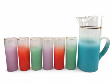 Vtg Blendo Colored Frosted 6 Glasses And Pitcher