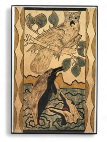 Vtg Folk Art Bark Painting With Owl