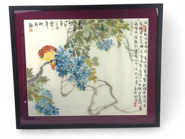 Chinese Watercolor Scroll Painting With Calligraphy