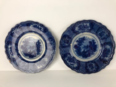 Pair of New Wharf Pottery ‘Oriental’ Pattern Flow Blue Dinner Plates