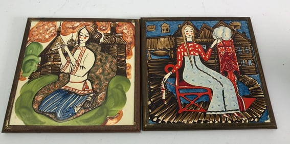 A Pair of Vintage Russian Hand-Painted Folk Art Ceramic Tiles