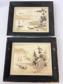 Signed Japanese-Style Ink Wash Landscape Paintings on Paper