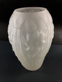 An Art Deco Frosted Glass Vase with Floral and Geometric Relief Decoration