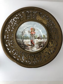 Hand-Painted Porcelain Plate in Ornate Brass Frame
