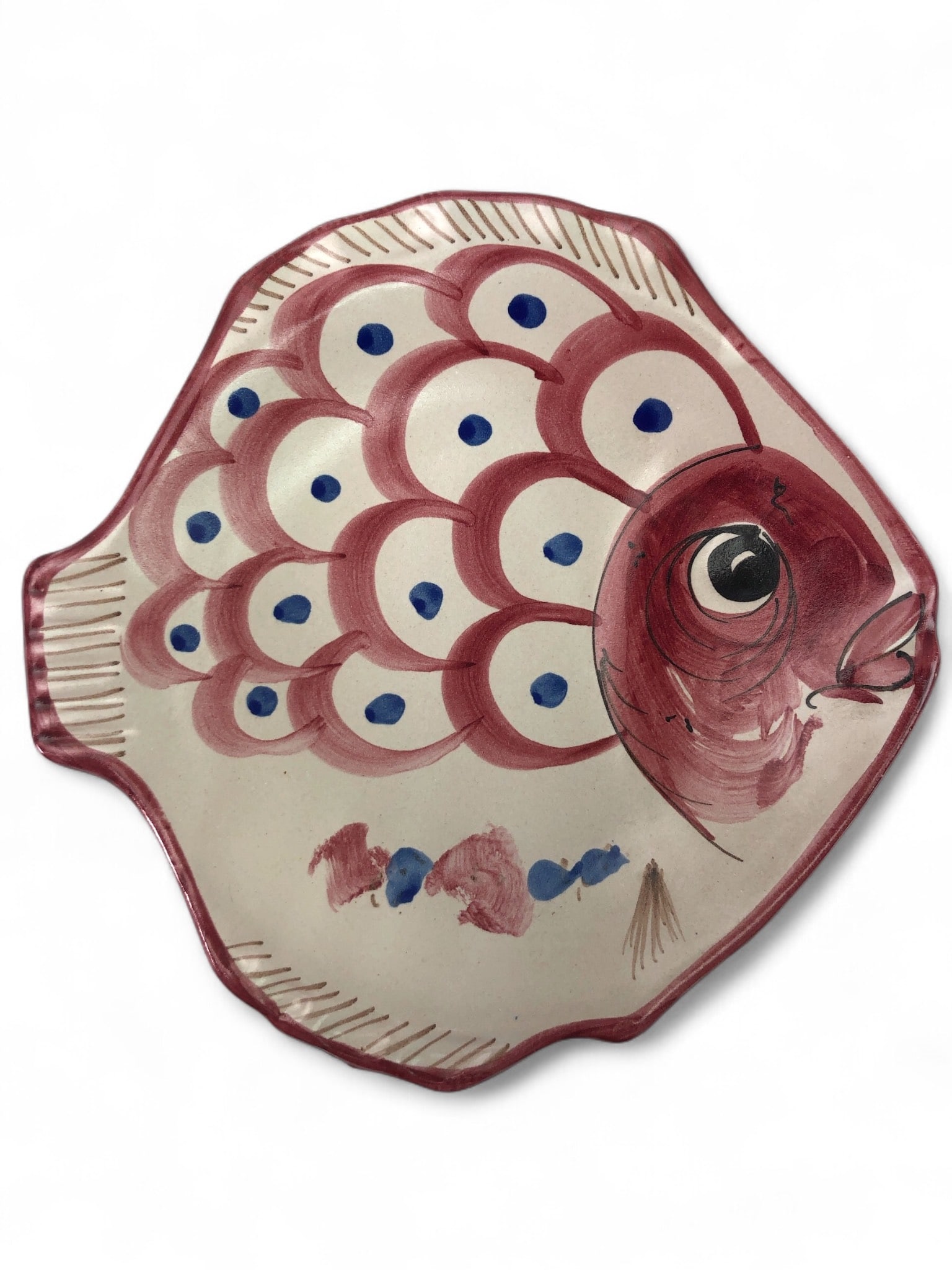 Solimene Vietri Pottery Fish Plate: Solimene Vietri pottery plate crafted in Italy featuring a red fish design. Measures 9.25 inches. Minimal wear includes minor edge chipping and a small underside rim chip. A lovely example of Solimene