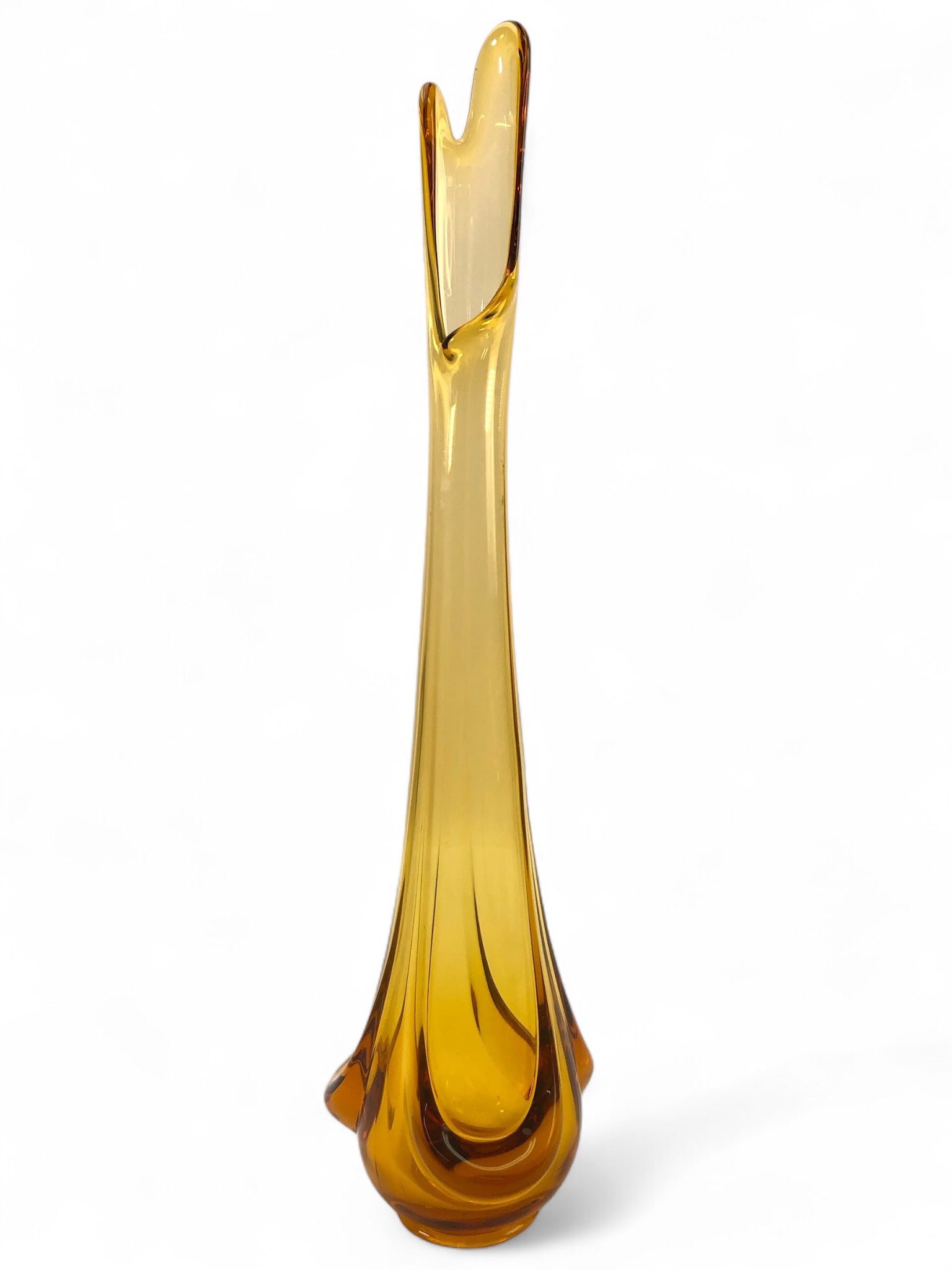 MCM Viking Glass Amber Swung Vase: Mid-century modern Viking Glass amber swung vase measuring 15 1/8 inches tall. This vase features a warm amber color with a sleek elongated form and textured base details. Perfect for collectors or de