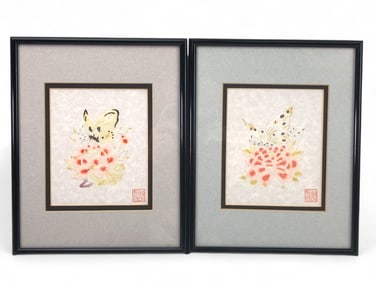 A Pair of Chinese Papercuts by Lou Hii for Guanghua Art Studio, Butterfly and Flower Motifs