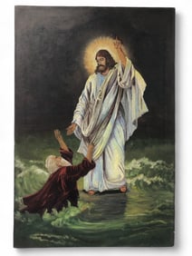 Oil on Canvas After Bernard Plockhorst, Signed Elsie S. Miller, ‘Jesus Walking on Water with Saint