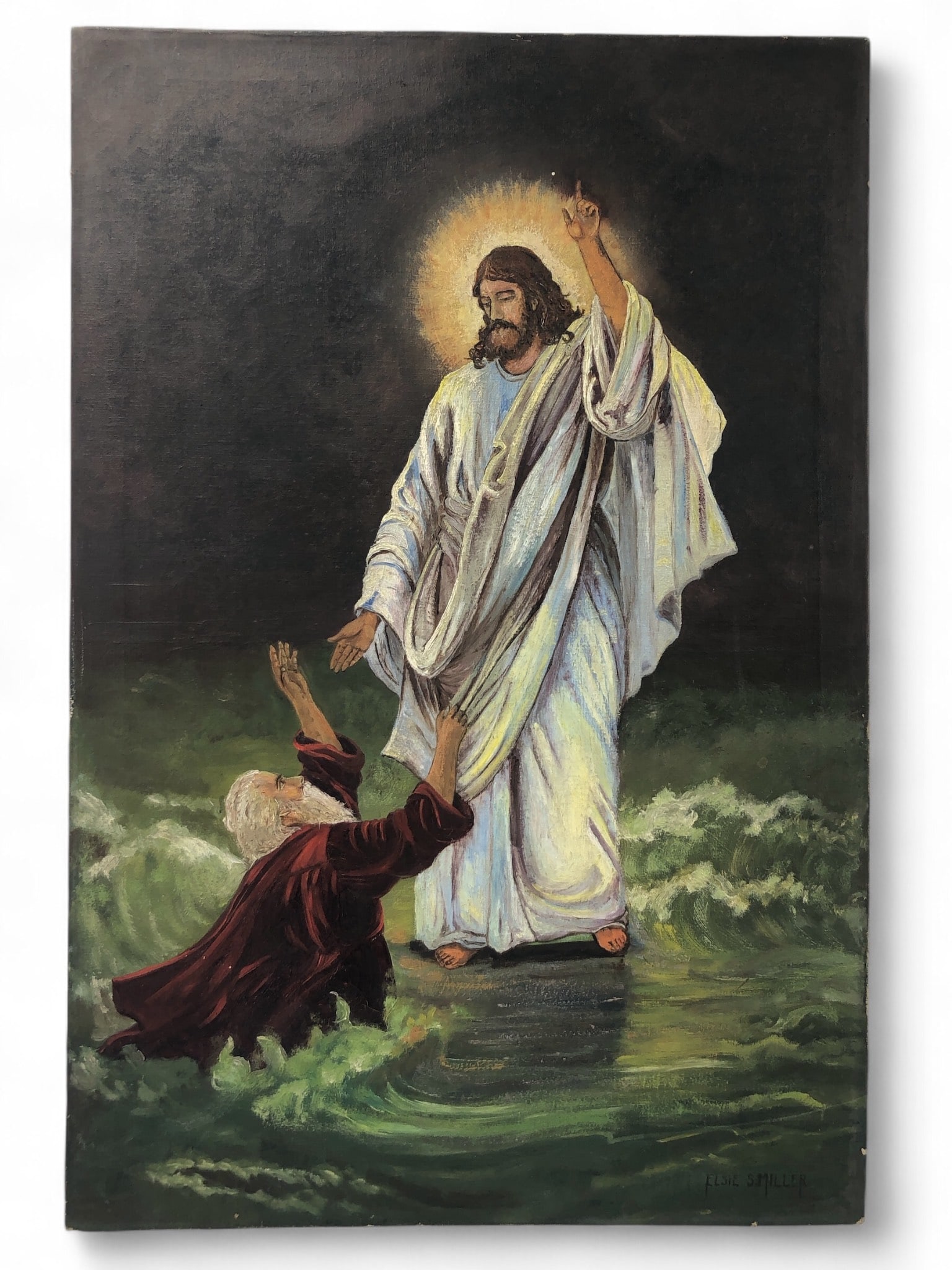 Oil on Canvas After Bernard Plockhorst, Signed Elsie S. Miller, ‘Jesus Walking on Water with Saint: Antique canvas painting depicting Jesus walking on water and saving Peter, signed by Elsie S Miller. The artwork measures 16 1/4 x 24 1/4 inches and features vibrant imagery of the biblical scene. Fra