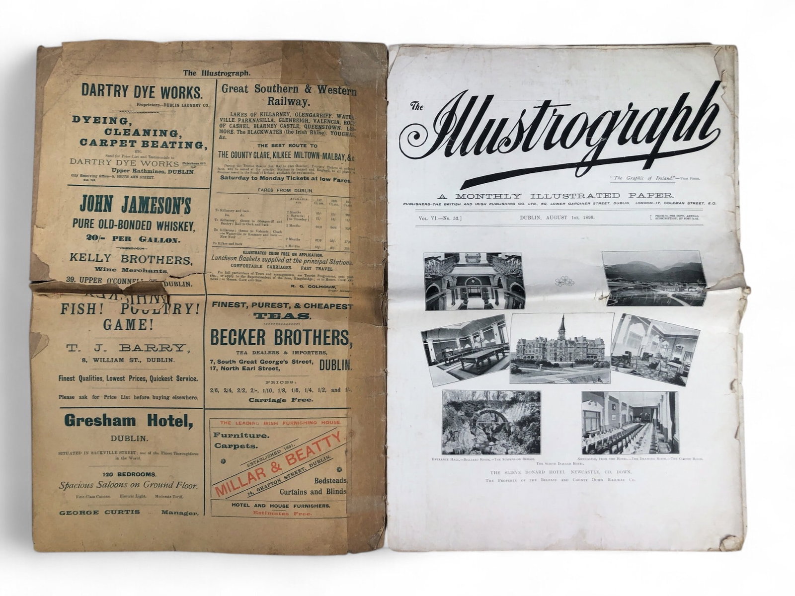 Collection of ‘The Illustrograph’ Irish Monthly Illustrated Papers, 1898: Original issue of The Illustrograph, dated August 1, 1898, a monthly illustrated publication featuring articles, advertisements, and photographs. Printed by Irish and Irish Publishing Co. Ltd., Dublin
