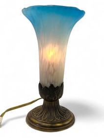 Vtg Trumpet Lamp With Blue & White Shade