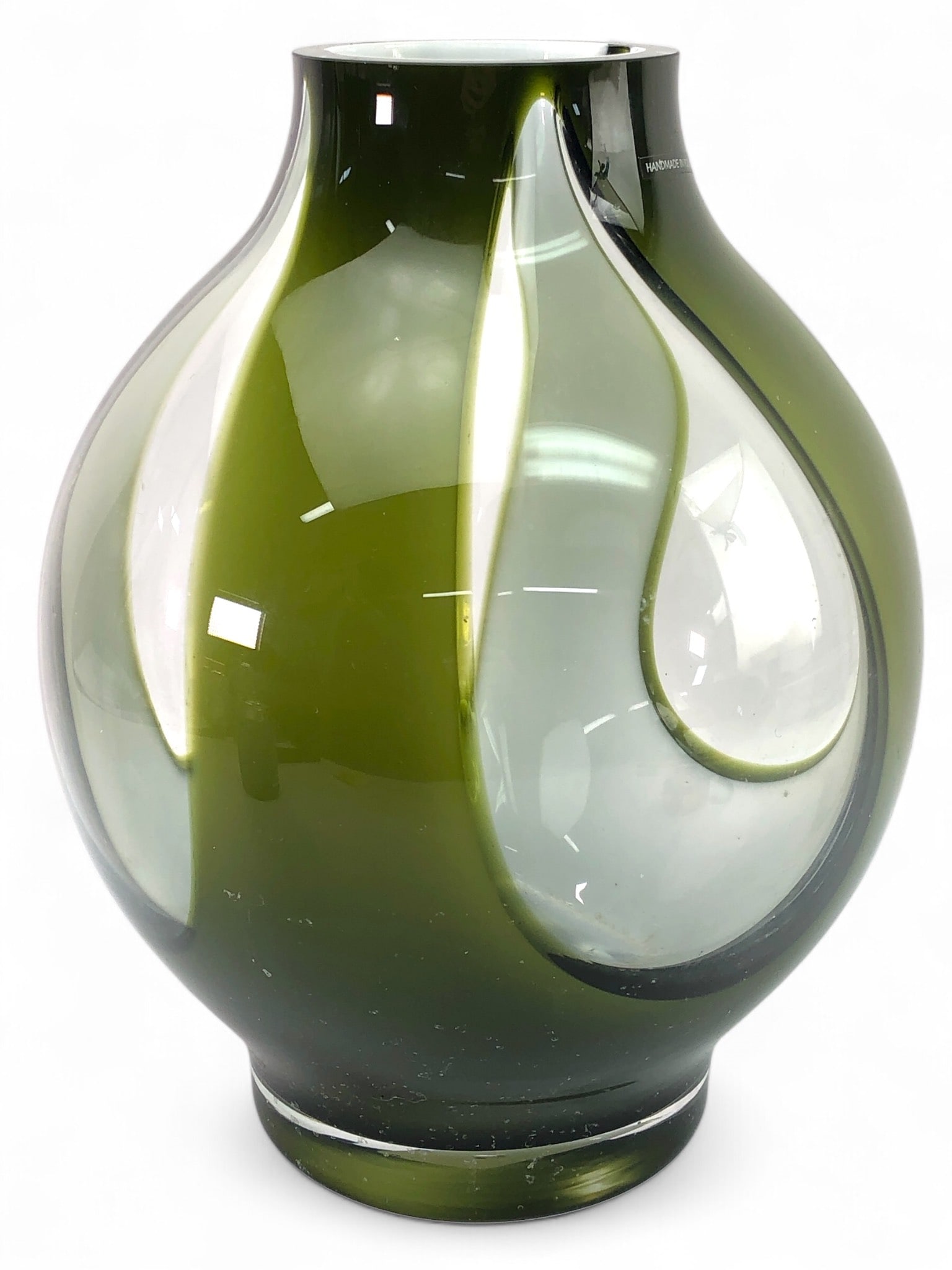 Vtg Polish Art Glass Vase 12 Inches Tall: Vintage Polish cased art glass vase standing 12 inches tall. Crafted in a mid-century modern style with a green & clear design. Marked 'Handmade in Poland' on the surface. Some visible wear includes s