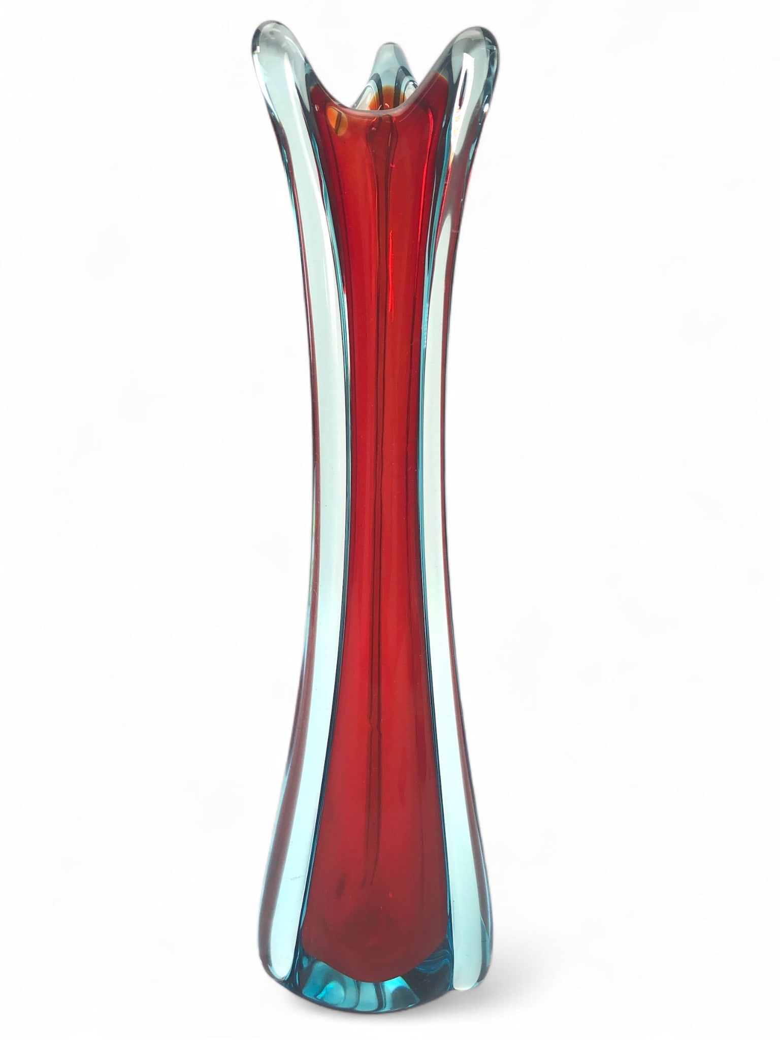 MCM Murano Sommerso Swung Glass Vase: MCM Murano sommerso swung glass vase featuring vibrant red & blue coloring. Measures 12.25 inches tall with some surface scratches visible. A striking example of mid-century modern design & Murano cra