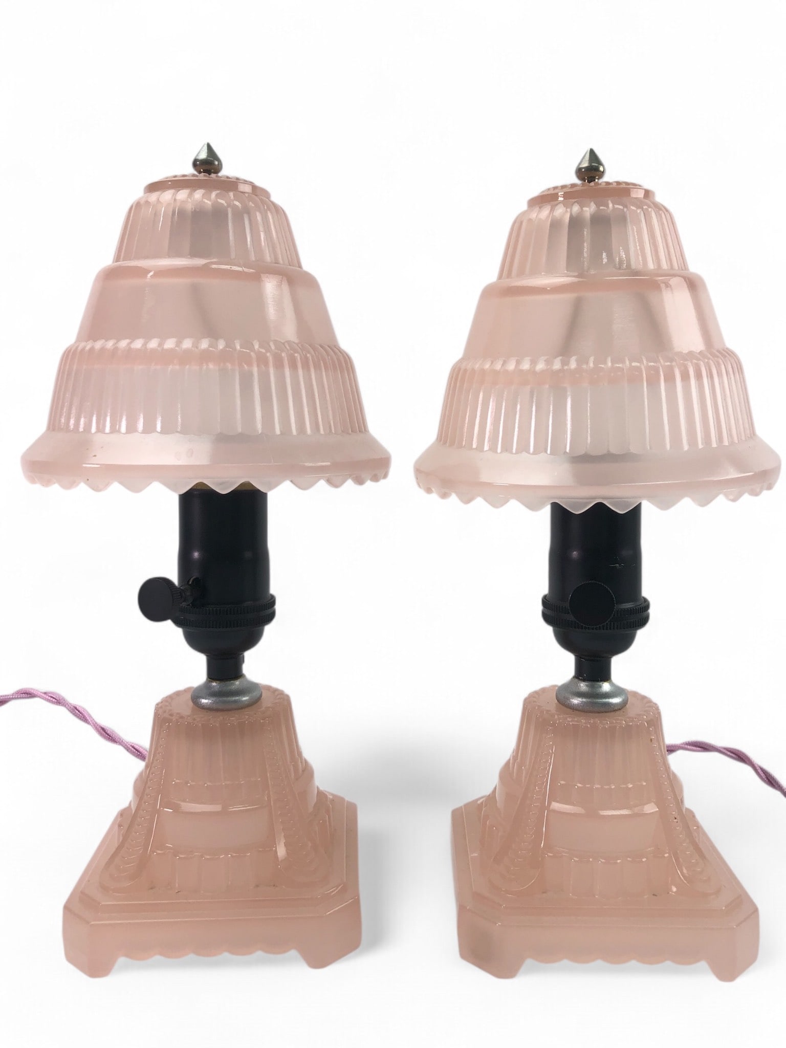 Art Deco Houze Glass Frosted Pink Boudoir Lamps: 11-inch Houze Glass Boudoir Lamps with frosted pink glass. Electrified, tested, & working with bulbs included. Features a tiered design with pink cords & black fittings. No notable damage or wear visi