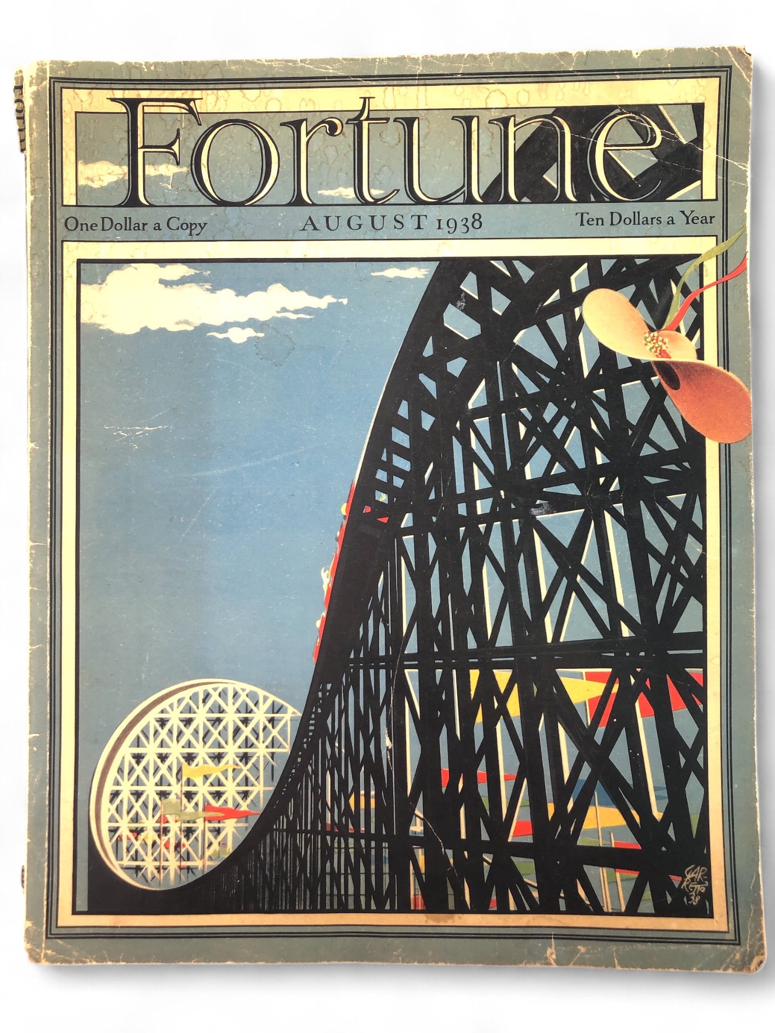 Fortune August 1938 Magazine Vol XVIII No 2: Fortune magazine issue from August 1938, Volume XVIII, Number 2. Features vibrant cover art depicting a roller coaster. Includes advertisements, articles, and illustrations characteristic of the era.