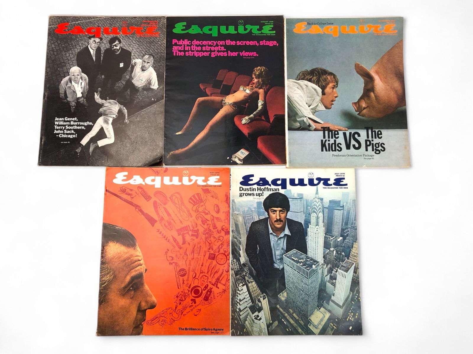 (5) Esquire Issues From 1968-1970: Five Esquire magazine issues from 1968 through 1970. Covers include notable themes such as Dustin Hoffman, Spiro Agnew, and cultural commentary. Issues feature articles, ads, and illustrations reflect