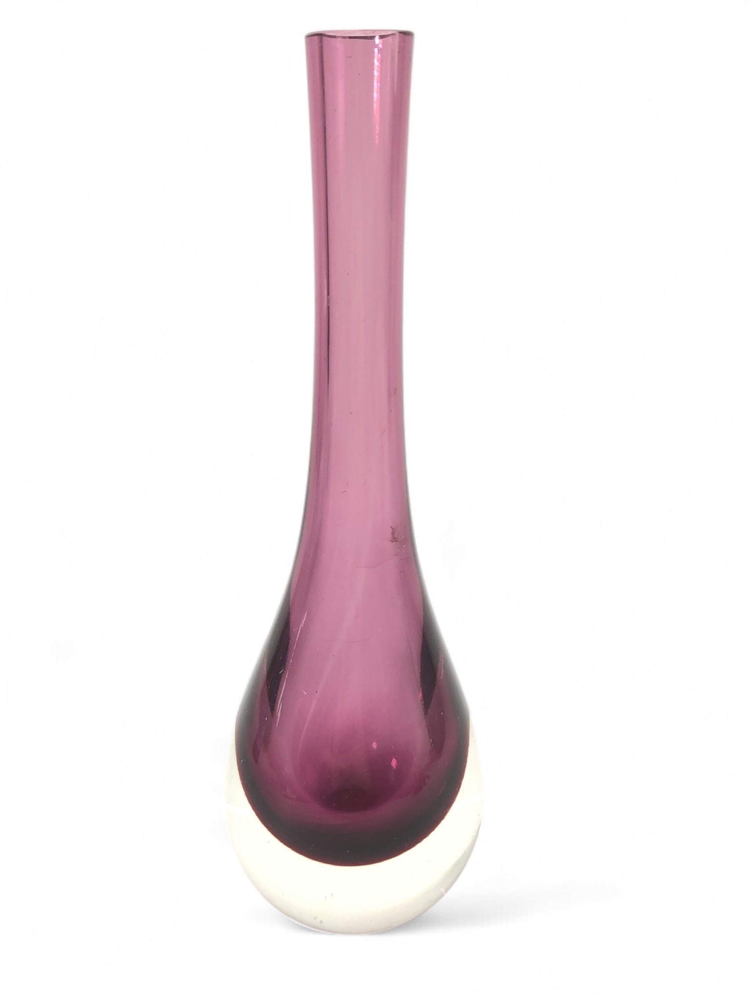 Vtg Murano Attrb. Sommerso Style Art Glass Vase: Murano attributed sommerso-style art glass bud vase with a purple and clear layered design. Measures approximately 9 1/8 inches tall. Includes a flea bite chip on the rim, slight scratches, and a few 