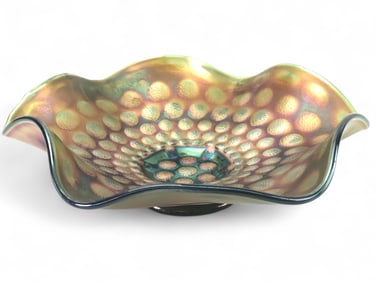 Vtg Fenton Carnival Glass Aqua Coin Dot Bowl