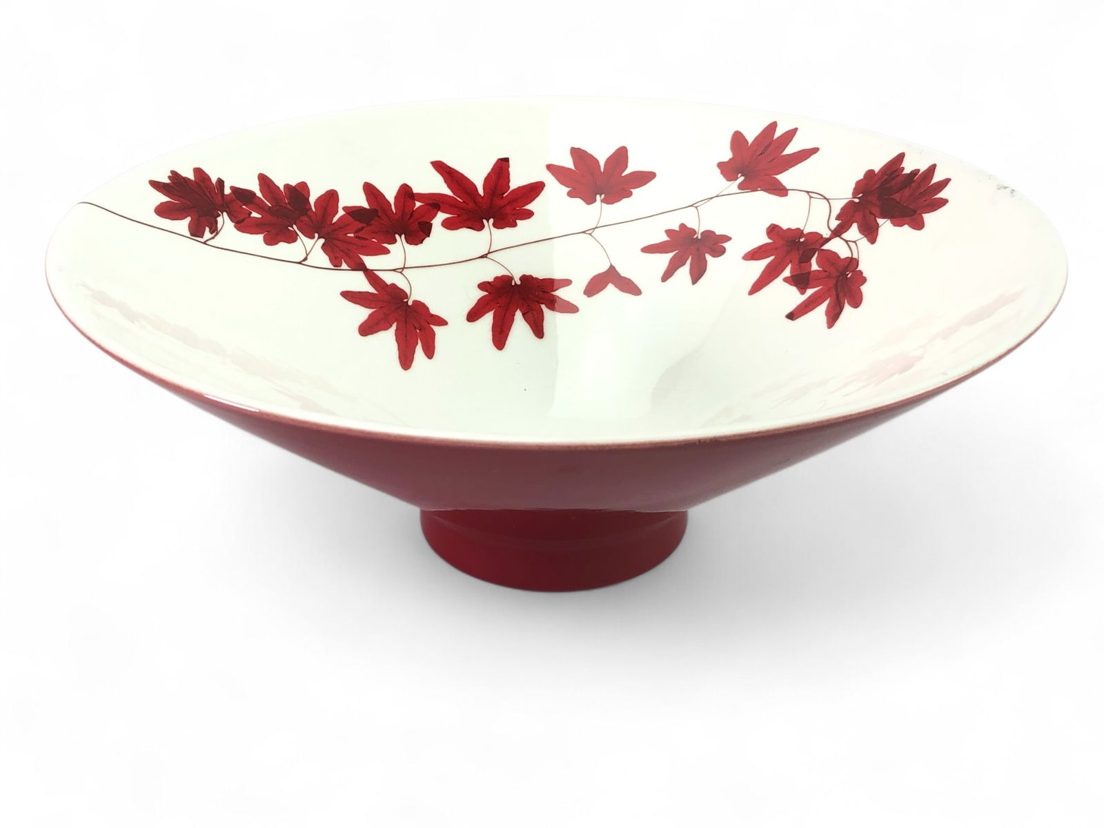 Rare Mikasa Pure Red Salad Serving Bowl: Discontinued Mikasa Pure Red salad serving bowl made of earthenware. Features red floral pattern on white interior, solid red exterior. Measures 13 inches in diameter and 4 7/8 inches tall. Stamped 'M
