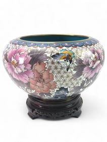 Vtg Cloisonne Enamel On Brass Planter With Stand