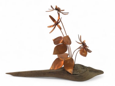 Vtg Copper And Driftwood Floral Sculpture